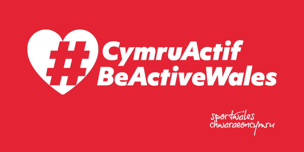 Be Active Wales / Cymru Acfif logo White text on a read background